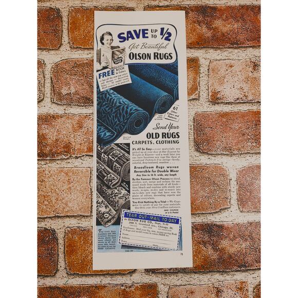 1942 Olson Rugs Ad - Reworked from Old Carpets - Vintage Home Decor Print Advert - Picture 3 of 5